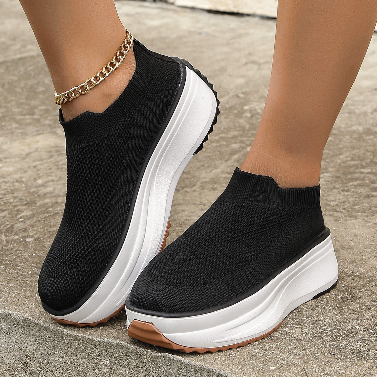 Fashion Thick-soled Ankle Boots Women Casual Round Toe Socks Shoes Breathable Solid Color Short Boots Sports Shoes