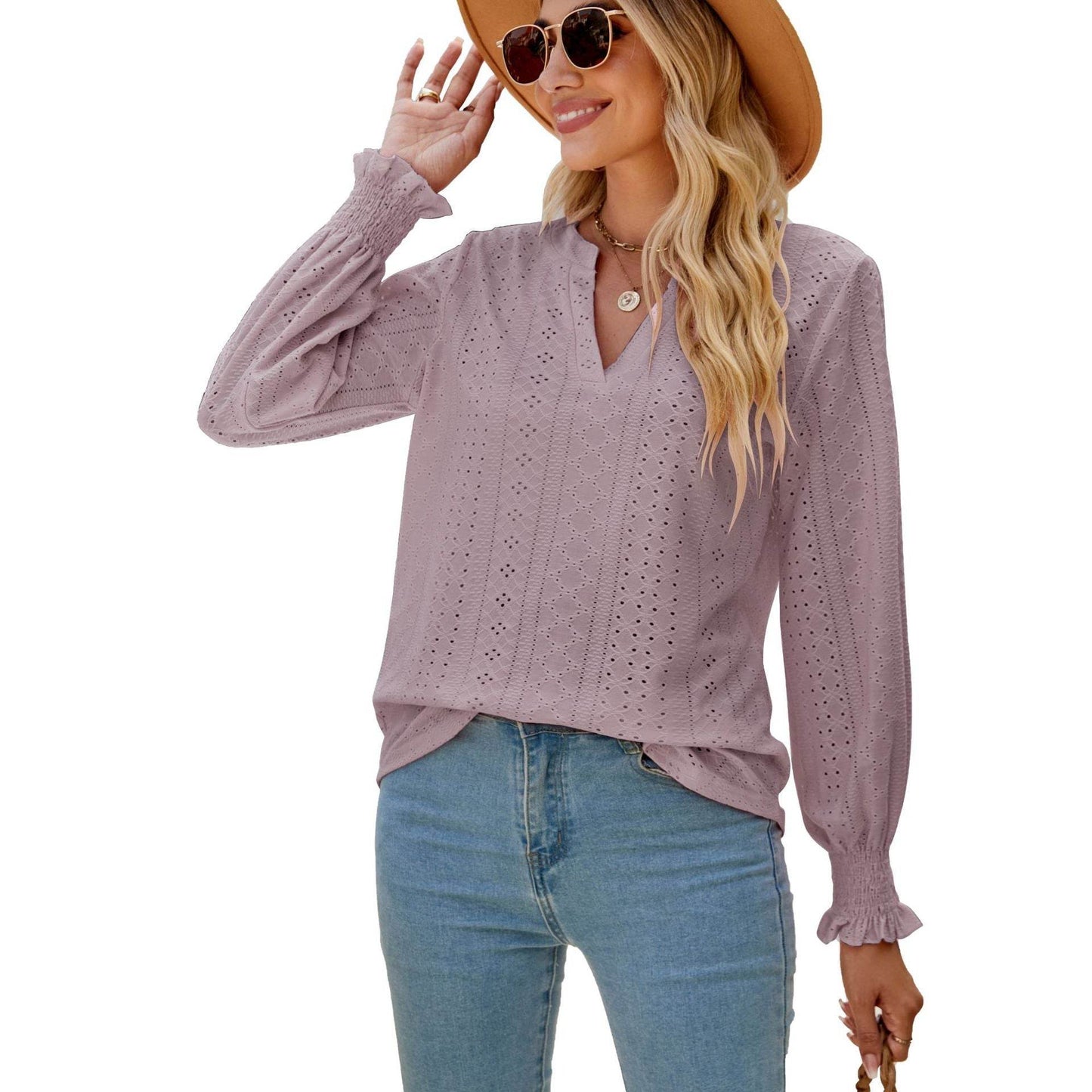 Solid Color Hollow-out Pleated Ruffle Shirts Sleeve V-neck Loose Long Sleeve Tops Women - Here2Save