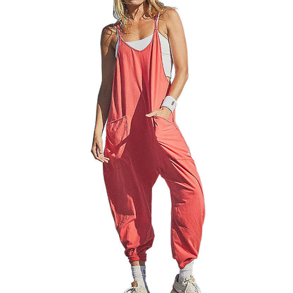 Summer Women's Loose Sleeveless Jumpsuits Spaghetti Strap Long Pant Romper Jumpsuit With Pockets Zipper - Here2Save