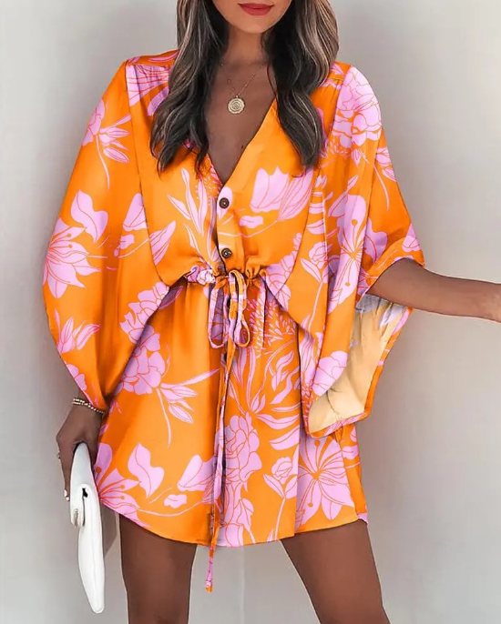 Women's V-Neck Tie Printed Beach Dress