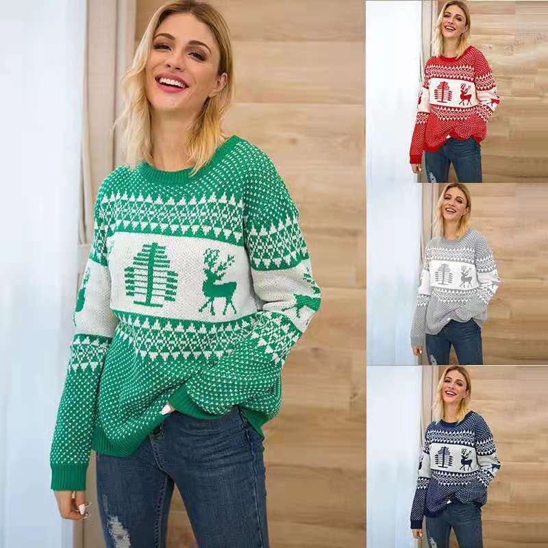 Christmas Sweater Cute Elk Geometric Print Knitted Sweater Woemen Winter Tops Clothes