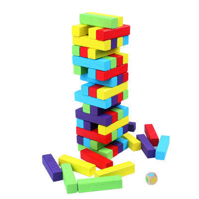 Colorful stacked high puzzle pumping wooden blocks