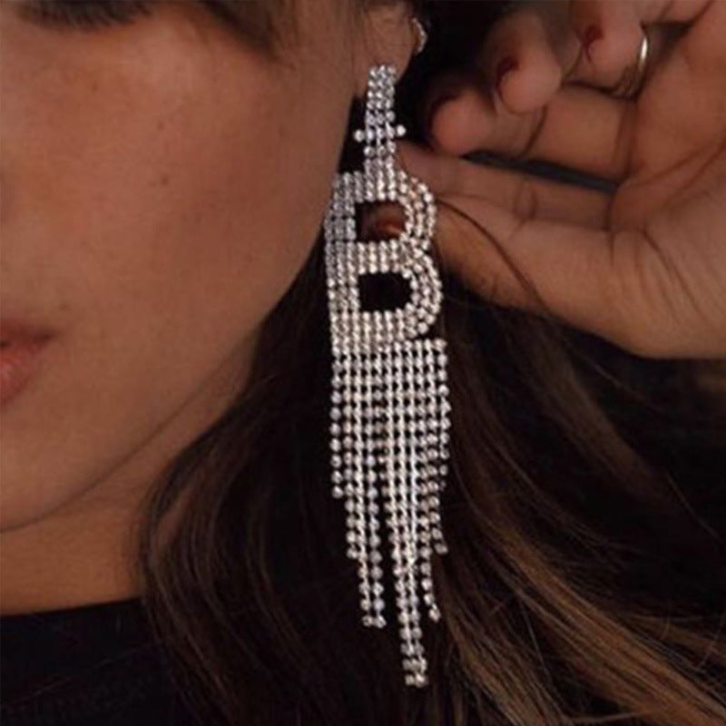 Fashion Jewelry 925 Silver Needle Ornaments Rhinestone Letter B Earrings Banquet Tassel Ear Ornaments Female