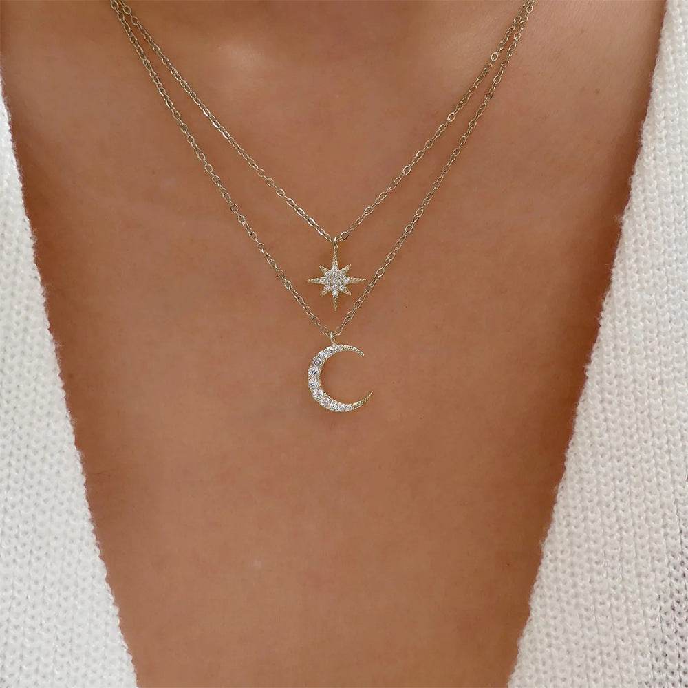 Women's S925 Sterling Silver Double Layer Twin Diamond Star And Moon Necklace - Here2Save