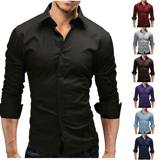 Camisa formal simple de color sólido de manga larga ajustada para hombre