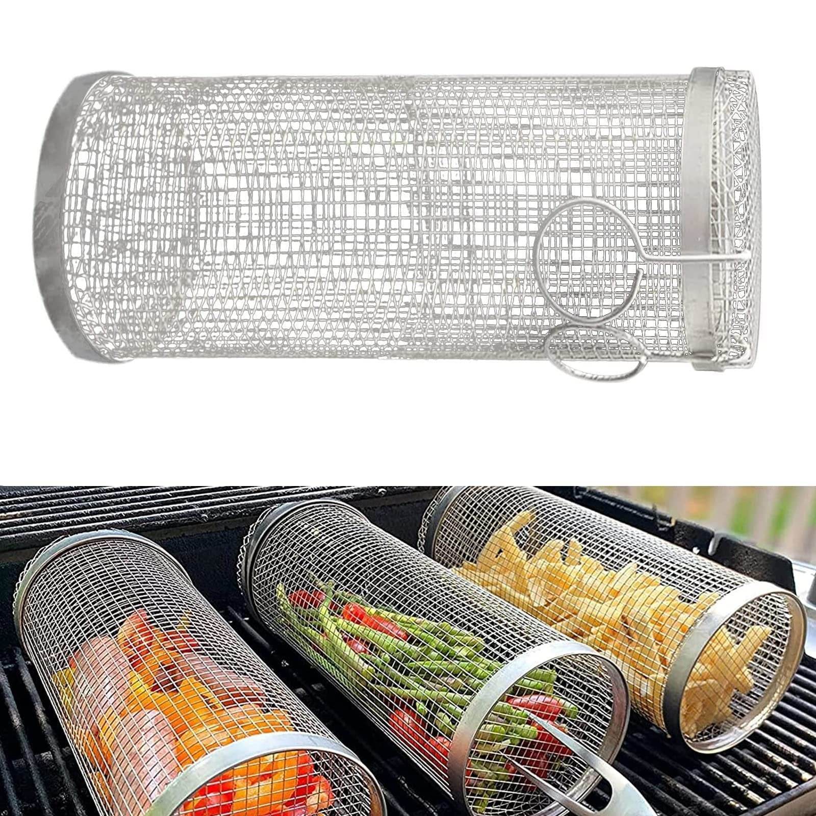 Rolling Grilling Basket Metal BBQ Barbecue Basket Net Portable Outdoor Camping Barbecue Rack Kitchen Gadgets - Here2Save