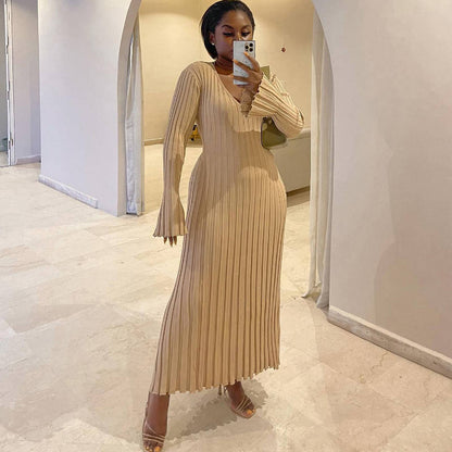 Casual Waist-skimming V-neck Large Pit-striped Slim Knitted Maxi Dress For Women