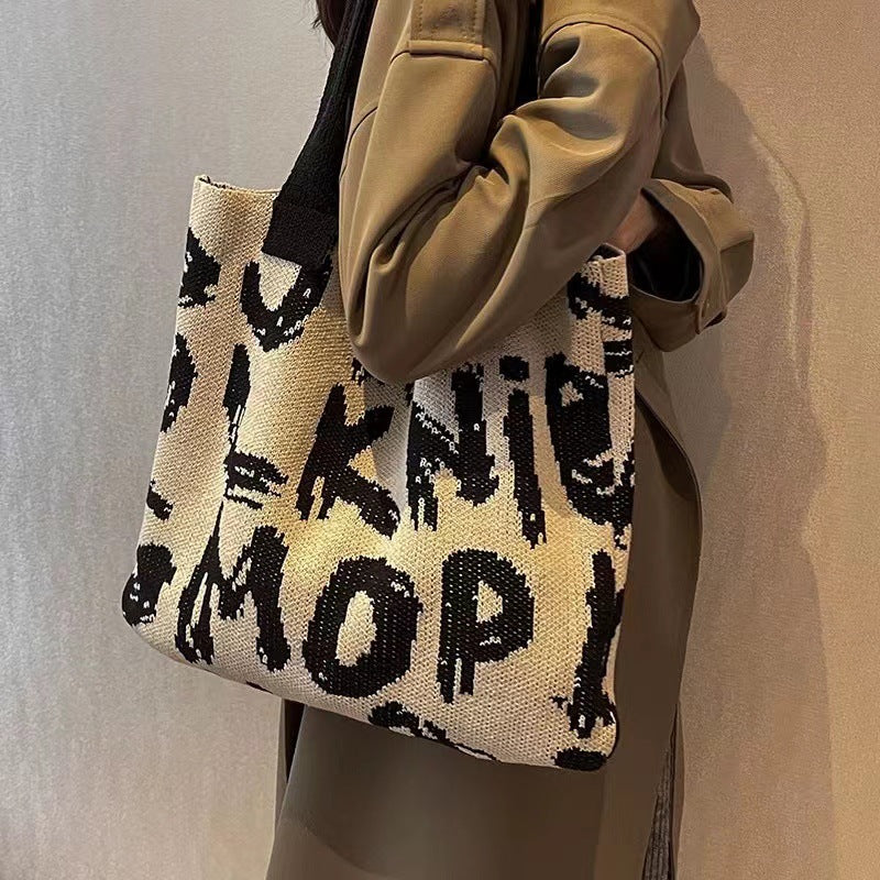 Bolso de punto con estampado de letras, bolso bandolera para compras a la moda, bolso de gran capacidad