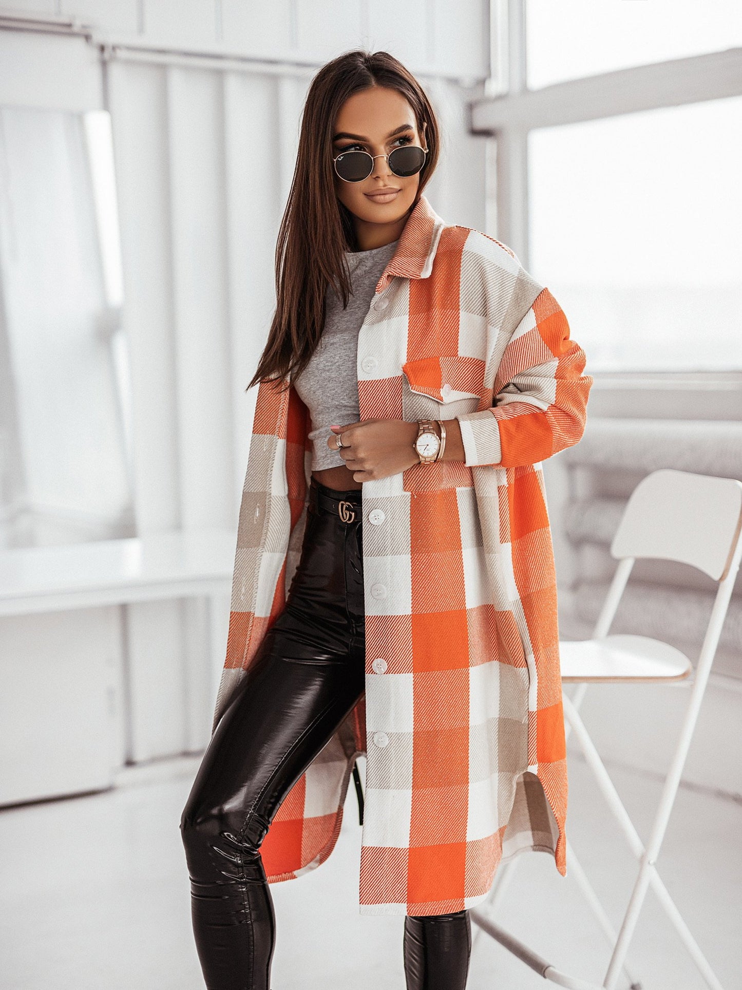 Women's Fashion Long Sleeve Color Plaid Brushed Woolen Long Coat