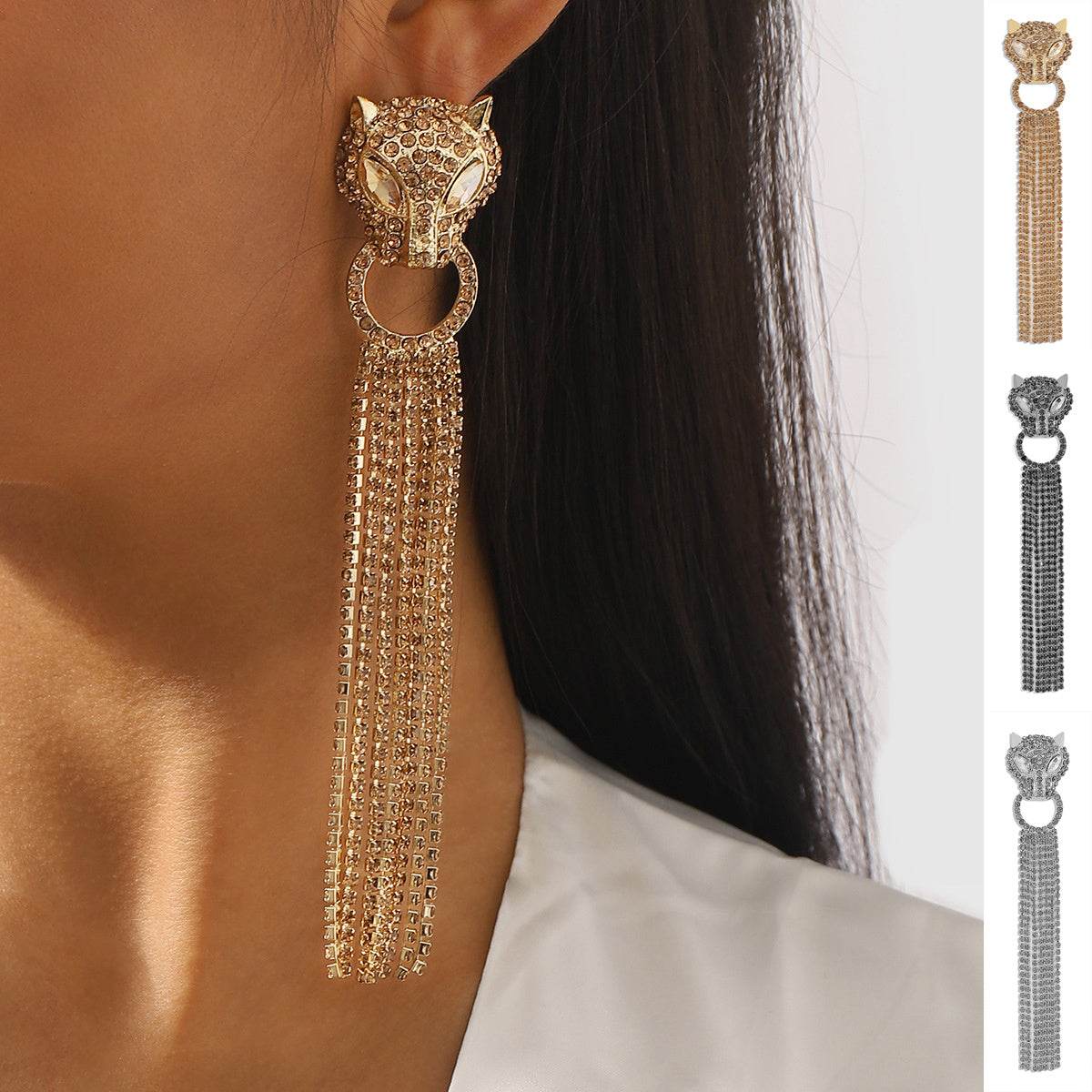 Personalized Leopard Head Earrings With Tassel Rhinestones Trendy Fashion Jewelry Luxury Long Earrings For Women - Here2Save
