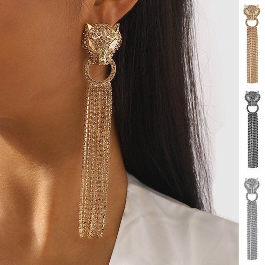 Personalized Leopard Head Earrings With Tassel Rhinestones Trendy Fashion Jewelry Luxury Long Earrings For Women - Here2Save