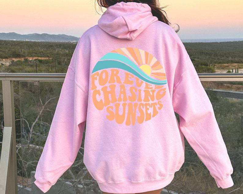 Sudadera con capucha con cordón y bolsillo canguro con estampado de puesta de sol y forro polar