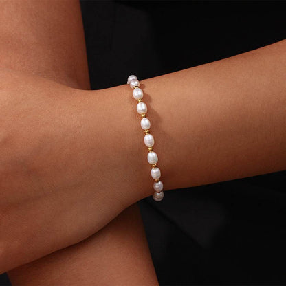 Stainless Steel Plated 18k Freshwater Pearl Spacer Beads Drawstring Bracelet - Here2Save