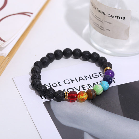 Pulsera hecha a mano con cuentas de equilibrio curativo de siete chakras de lava negra