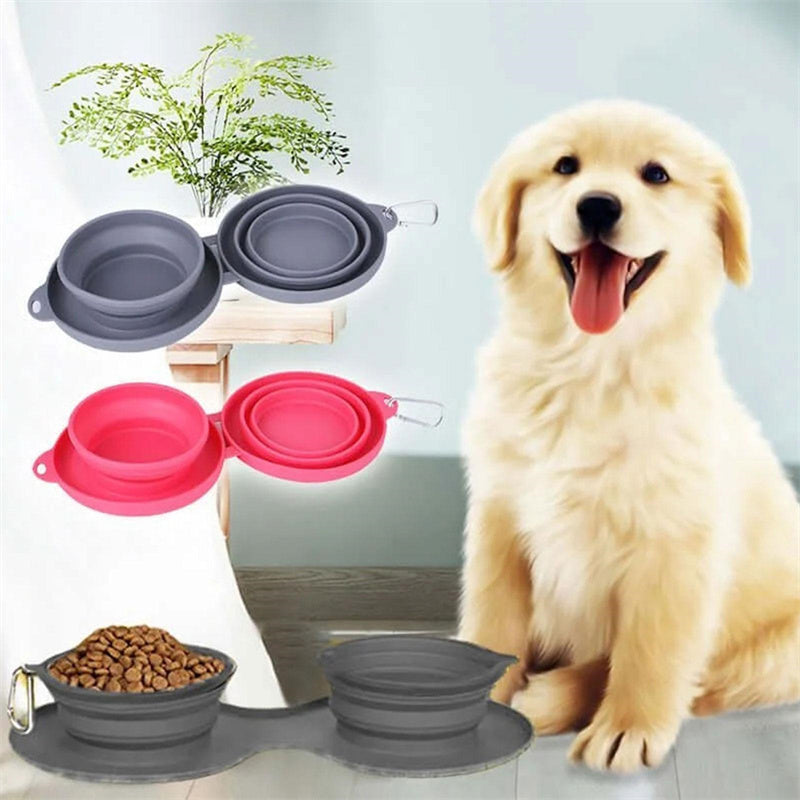 Rubber Foldable Double Bowl Pet Feeding Bowl Pets Supplies Dog Cat Bowls - Here2Save