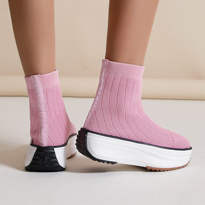 Women's Thick-soled Boots Knitted Round Toe Socks Shoes Casual Breathable Solid Color Flying Knit Ankle Boots