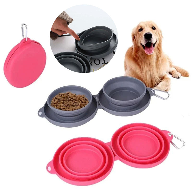 Rubber Foldable Double Bowl Pet Feeding Bowl Pets Supplies Dog Cat Bowls - Here2Save