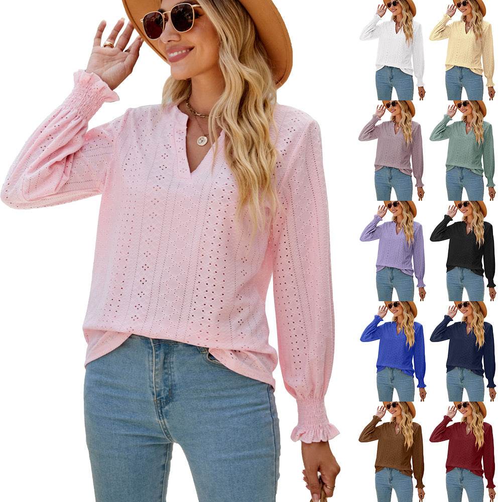Solid Color Hollow-out Pleated Ruffle Shirts Sleeve V-neck Loose Long Sleeve Tops Women - Here2Save