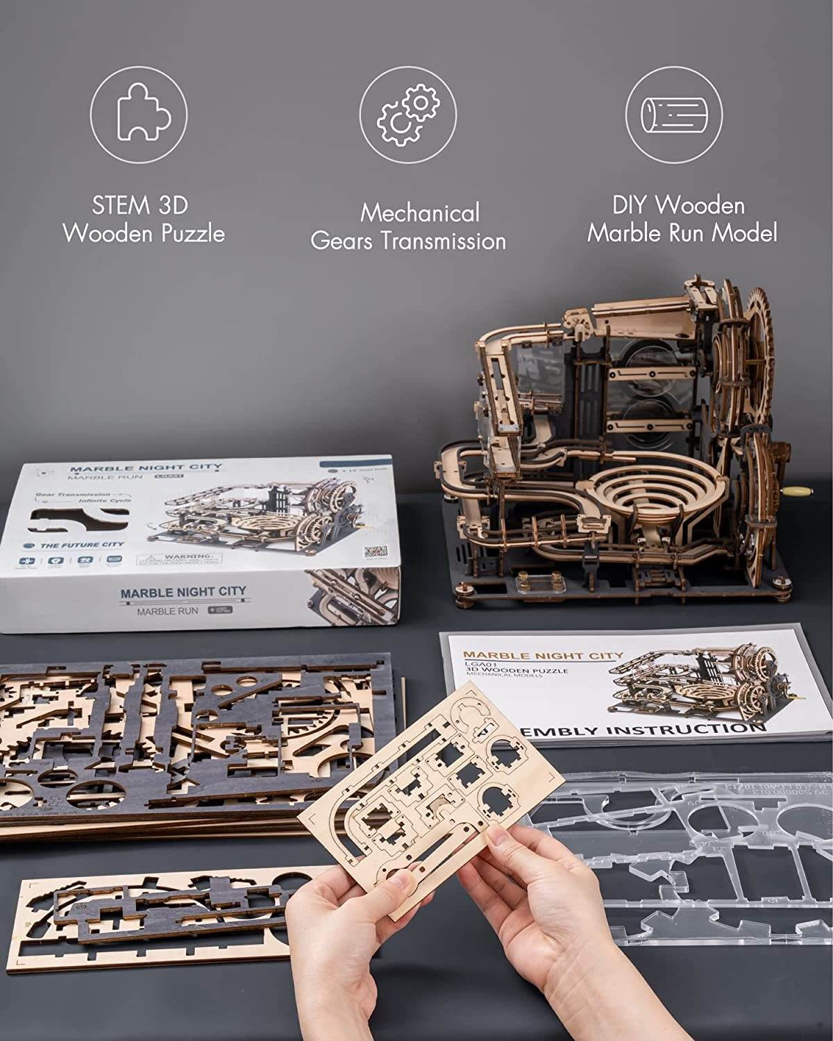 Robotime ROKR Marble Night City 3D Wooden Puzzle Games Assembly Waterwheel Model Toys For Children Kids Birthday Gift - Here2Save