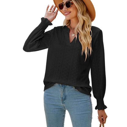Solid Color Hollow-out Pleated Ruffle Shirts Sleeve V-neck Loose Long Sleeve Tops Women - Here2Save
