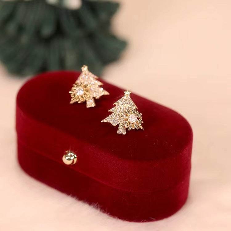 Rotatable Christmas Tree Earrings Shiny Rhinestone Snowflake Stud Earring New Year Xmas Festival Ear Jewelry Gifts Autumn And Winter - Here2Save