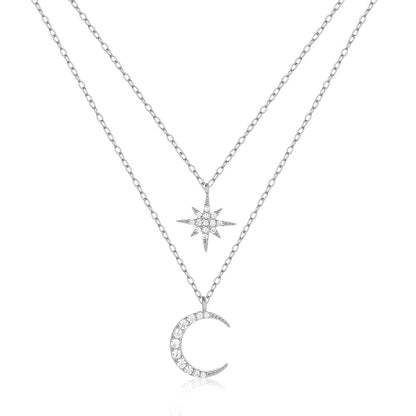 Women's S925 Sterling Silver Double Layer Twin Diamond Star And Moon Necklace