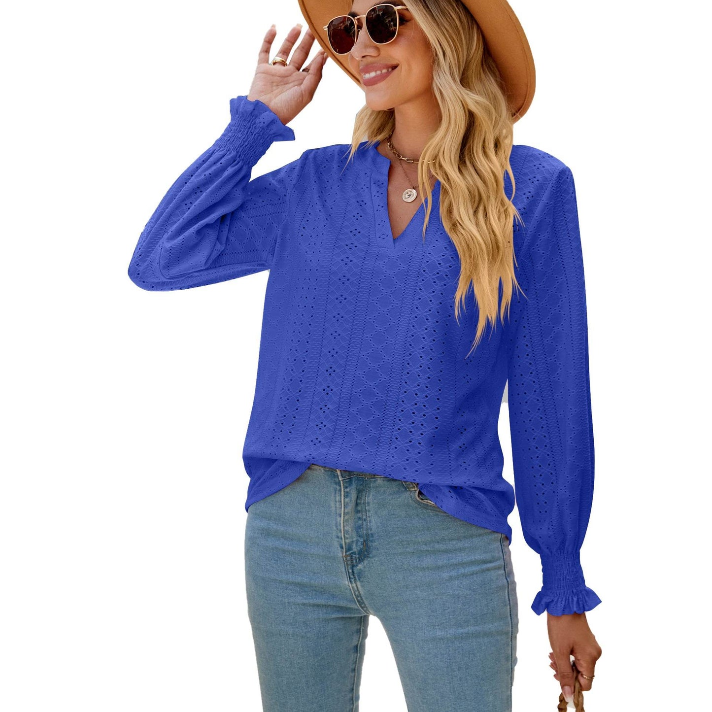 Solid Color Hollow-out Pleated Ruffle Shirts Sleeve V-neck Loose Long Sleeve Tops Women - Here2Save