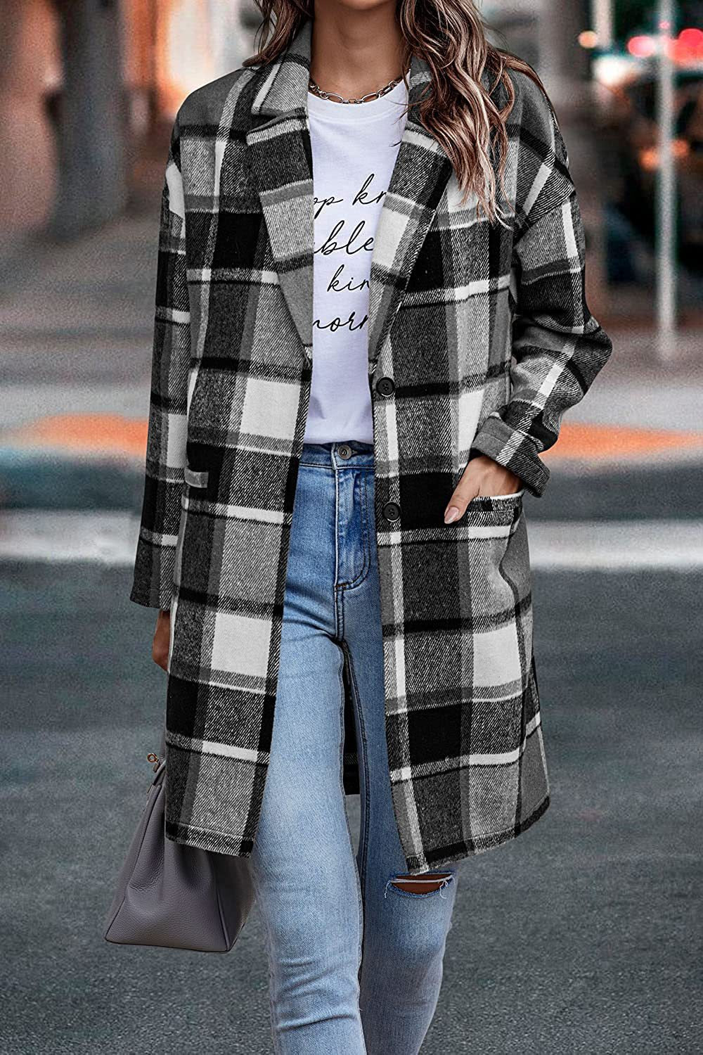 Chaqueta larga a cuadros con bolsillos para mujer, abrigo de lana con cuello vuelto, ropa para exteriores, otoño e invierno, nuevo estilo