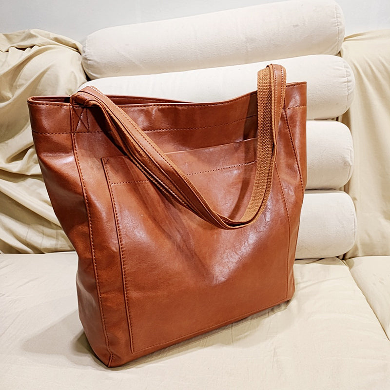 Bolso de hombro Retro de gran capacidad con bolsillo grande, bolsos de cuero encerado con aceite, bolsos de compras diarios a la moda