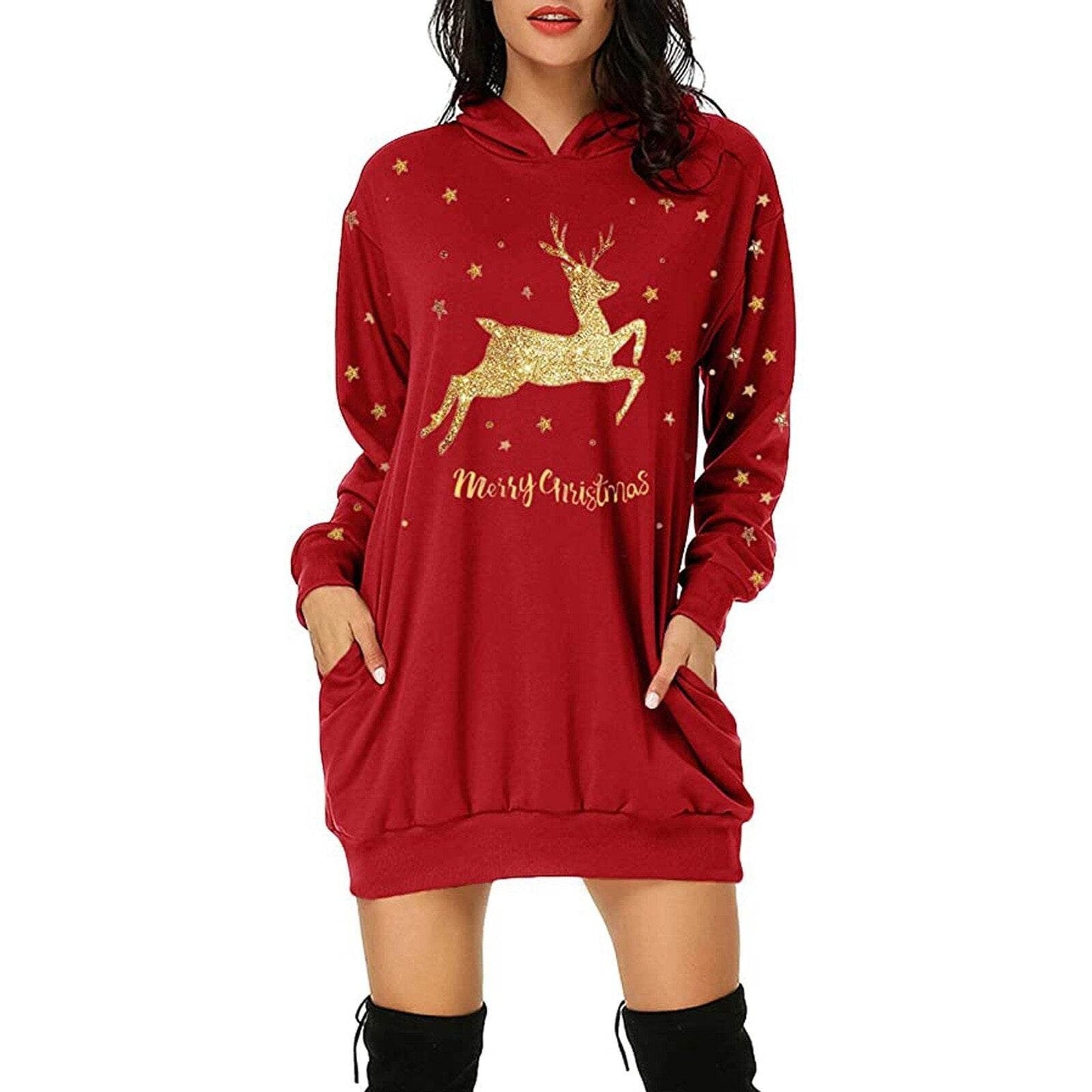 Christmas printed mid-length pocket hooded long-sleeved sweater - Here2Save
