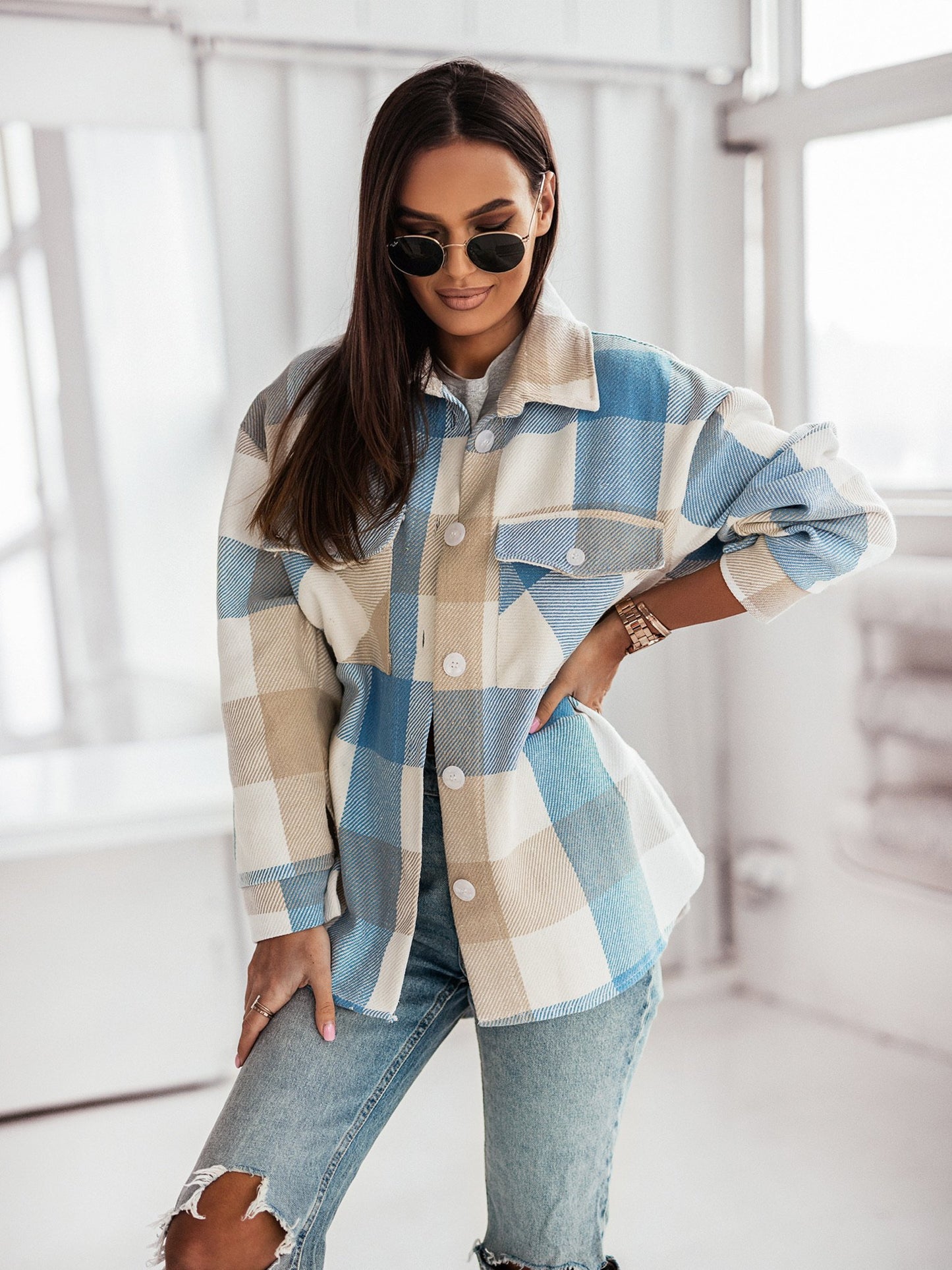 Women's Fashionable Color Plaid Shirt Brushed Woolen Coat