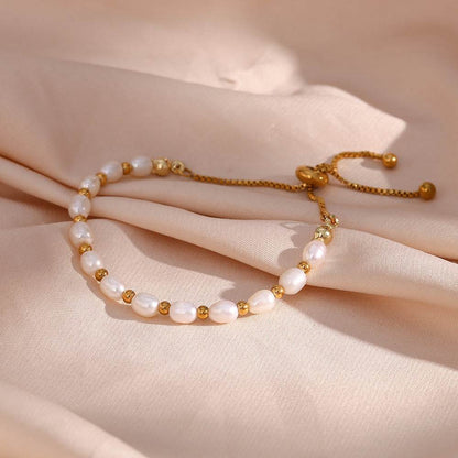Stainless Steel Plated 18k Freshwater Pearl Spacer Beads Drawstring Bracelet - Here2Save