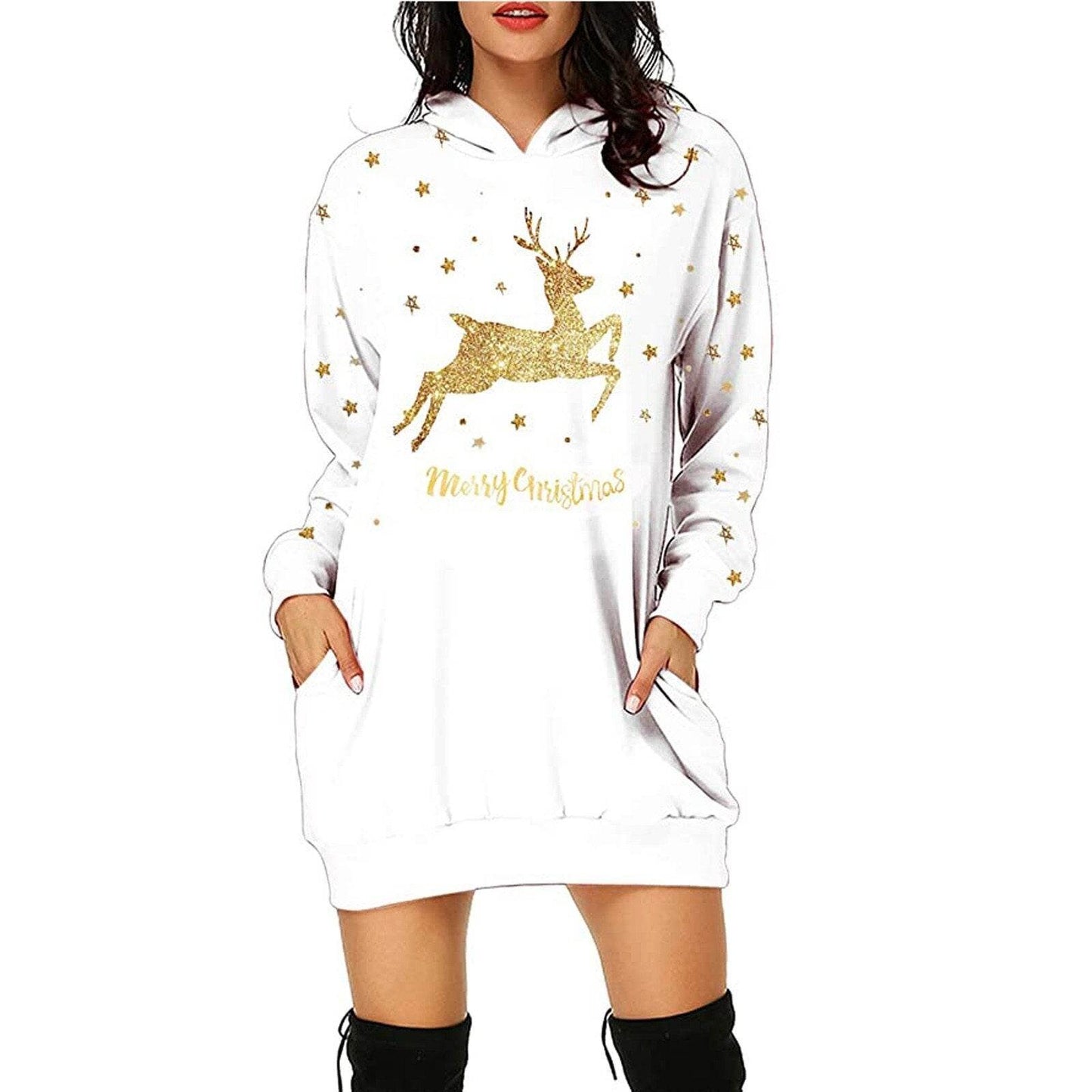 Christmas printed mid-length pocket hooded long-sleeved sweater - Here2Save
