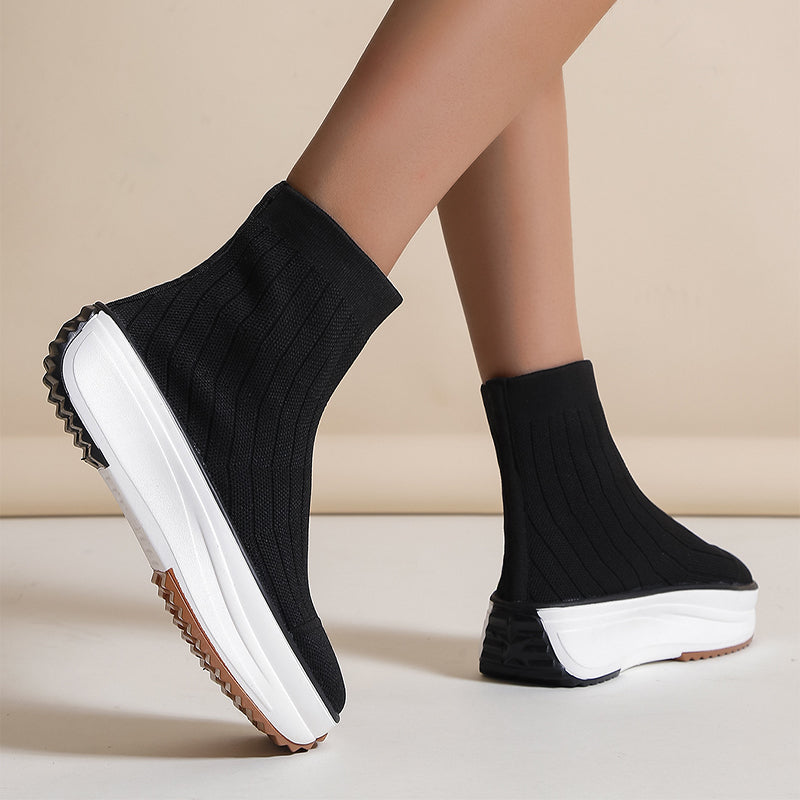 Women's Thick-soled Boots Knitted Round Toe Socks Shoes Casual Breathable Solid Color Flying Knit Ankle Boots