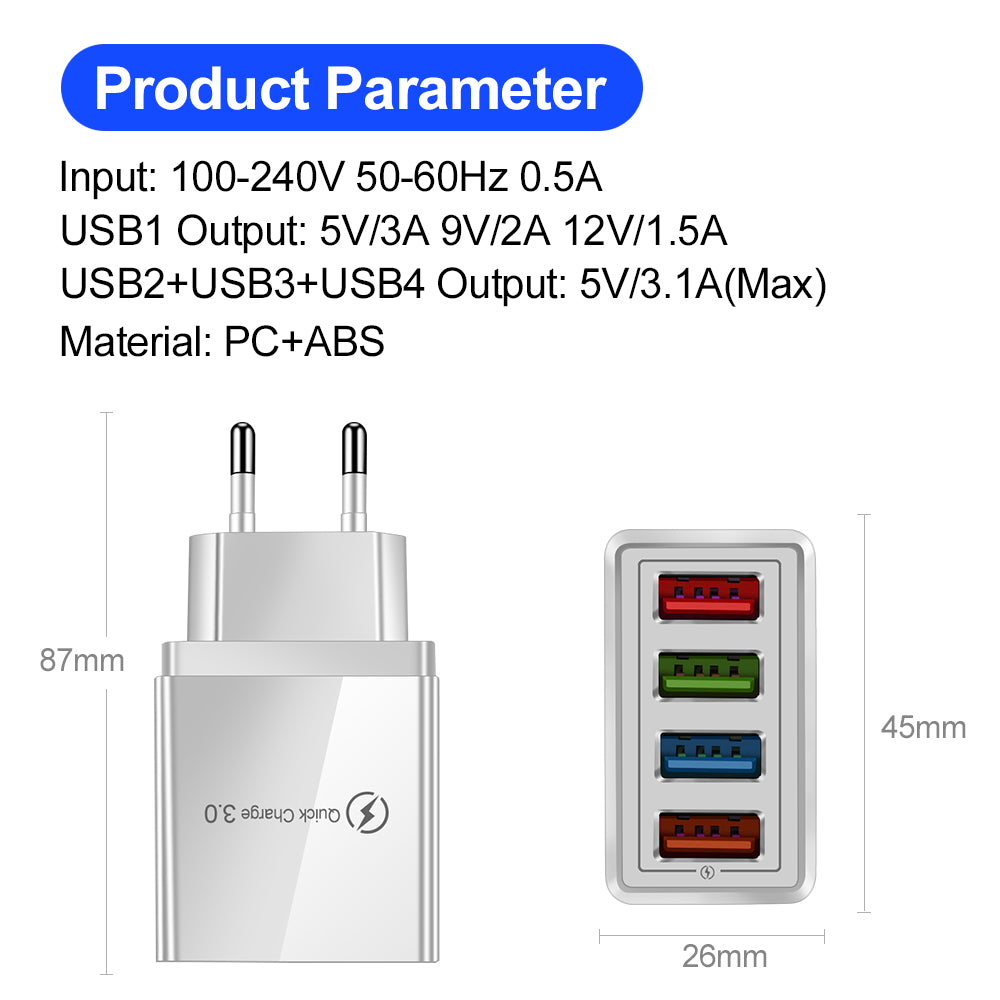 USB Charger Quick Charge 3.0 4 Phone Adapter For Tablet Portable Wall Mobile Charger Fast Charger - Here2Save