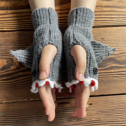 New Cartoon Grey Shark Warm Half Finger Knitted Gloves - Here2Save