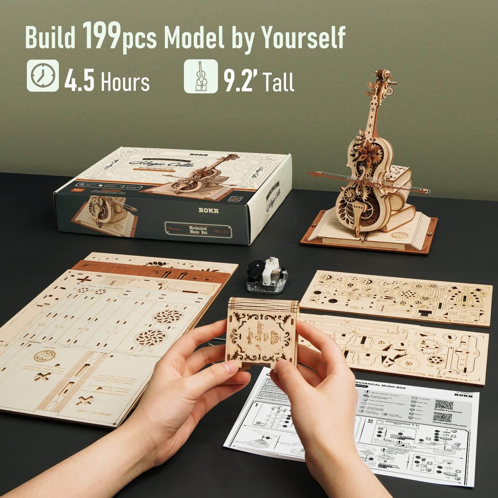 Robotime ROKR Magic Cello Mechanical Music Box Moveable Stem Funny Creative Toys For Child Girls 3D Wooden Puzzle AMK63 - Here2Save