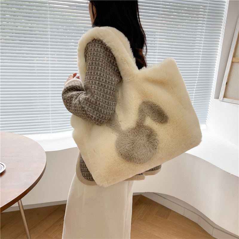 Cute Cartoon Rabbit Ears Plush Bag Autumn And Winter Shoulder Bag Shopping Handbags Large Capacity Personalized Tote Bags For Women