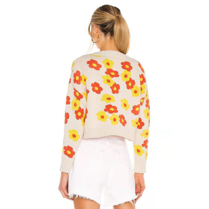 Women's Short Floral V-neck Long-sleeved Sweater