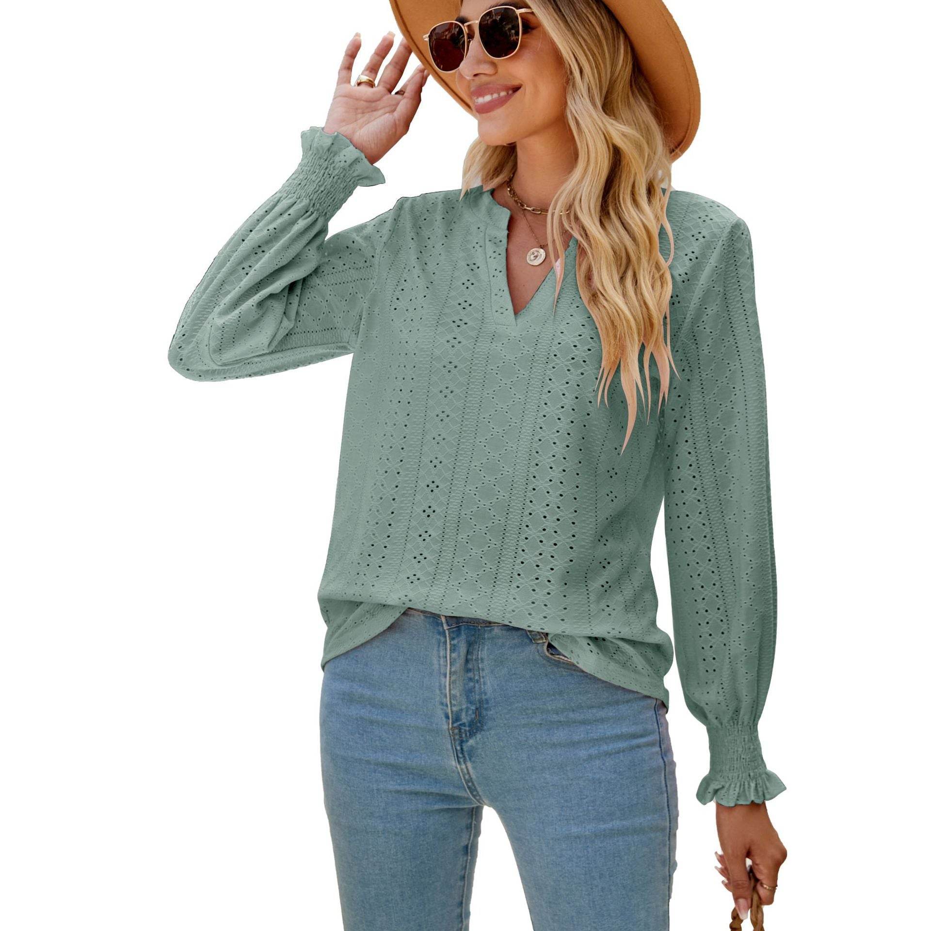 Solid Color Hollow-out Pleated Ruffle Shirts Sleeve V-neck Loose Long Sleeve Tops Women - Here2Save