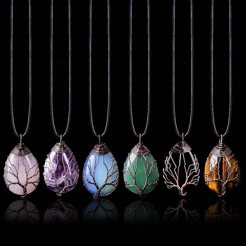 Natural Stone Crystal Drop-shaped Winding Tree Of Life Pendant Necklace Jewelry - Here2Save