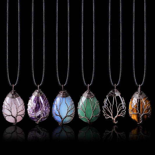 Natural Stone Crystal Drop-shaped Winding Tree Of Life Pendant Necklace Jewelry - Here2Save