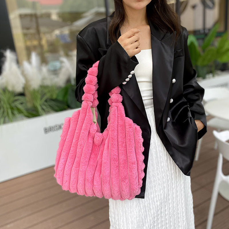 Bolso de felpa de diseño a rayas, bolsos de hombro a la moda para invierno, bolsos peludos de gran capacidad, bolso de compras bonito portátil