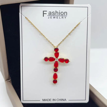 Fashion Jewelry Micro Inlay Colorful Zircon Water Drops Cross Necklace