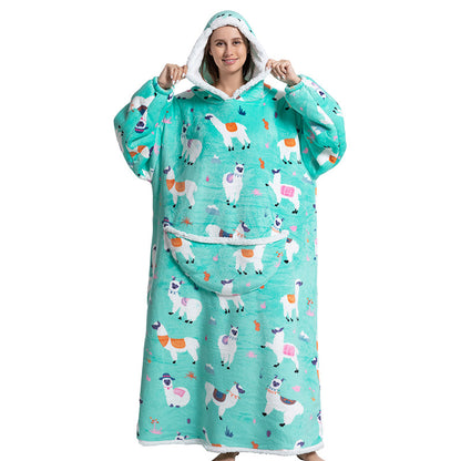 Animal Cartoon Extra Thick Lambswool Pajamas Hooded Lazy Blanket