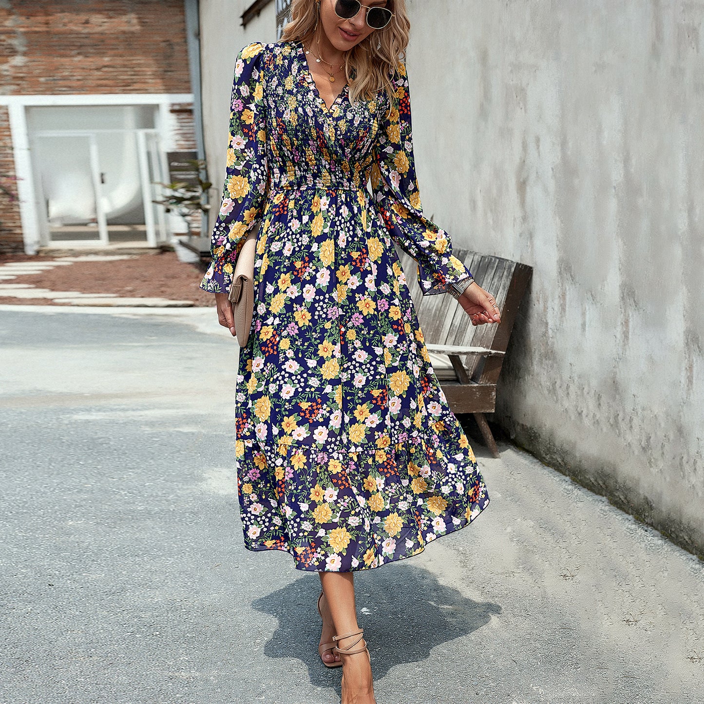 Women's Fashion Elegant V-neck Print Dress