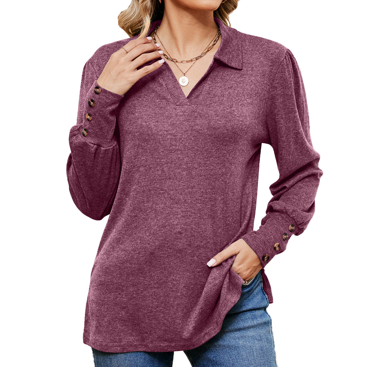 Button Loose-fitting Sanding T-shirt Top For Women