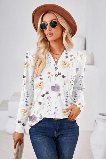 Women's Fashion Casual Printing Button V-neck Long Sleeve