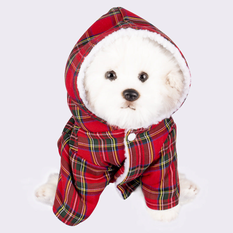 Dog Hooded Sweater Plaid Pet Clothes