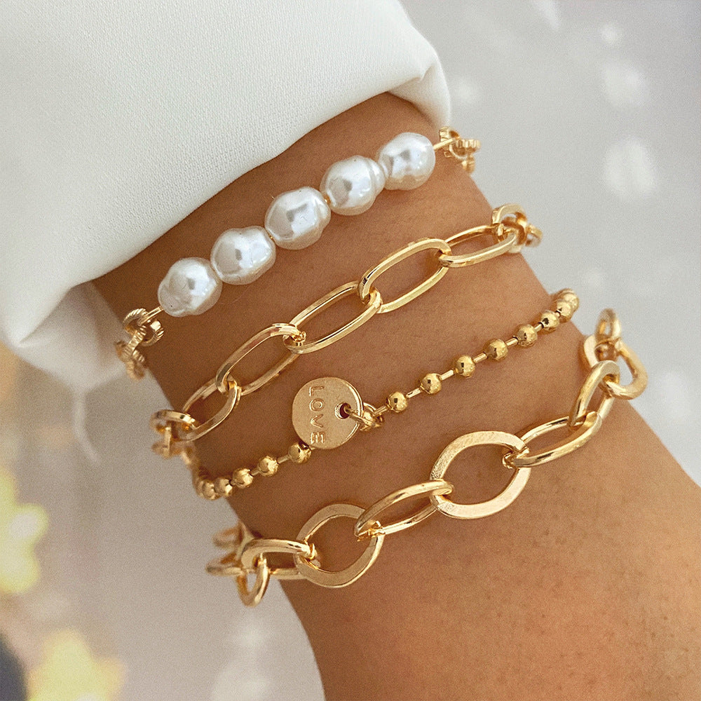 Creative Heart Pearl Multi-layer Chain OT Bracelet Suit